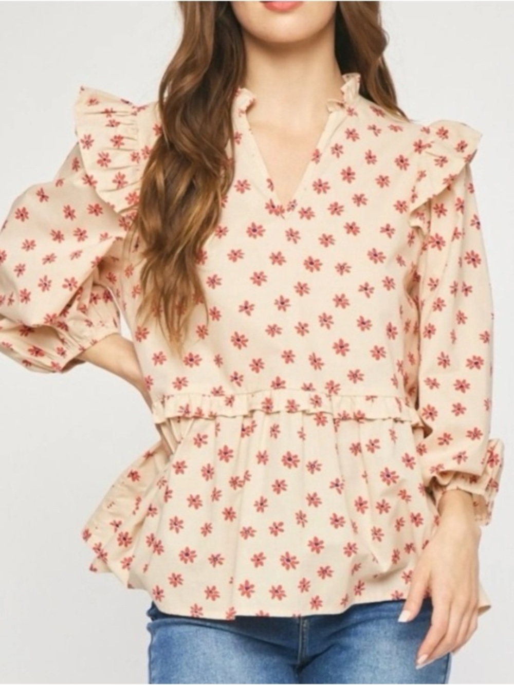 Boutique Brand Entro -Cream Floral Ruffle Peplum Blouse with Res Daisies